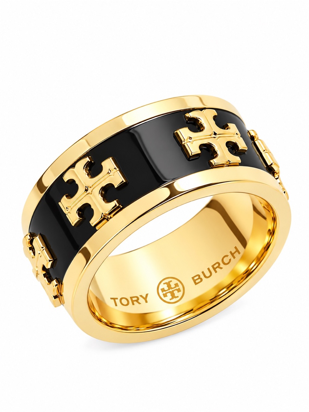 TORY BURCH • Black Enamel Raised Logo Ring
